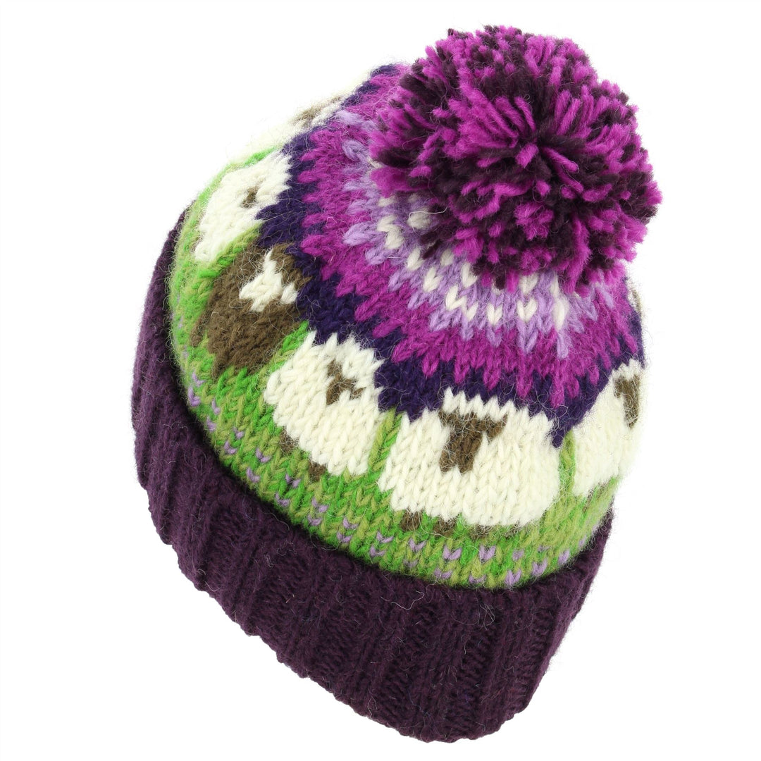 Hand Knitted Wool Beanie Bobble Hat - Sheep - Green Purple Gradient