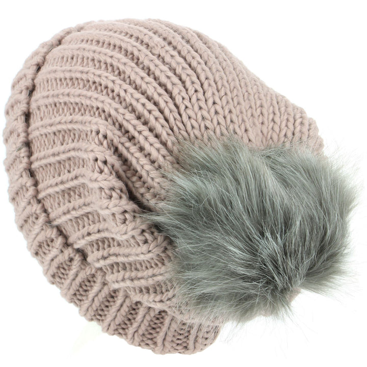 Chunky Knit Beanie Hat with Faux Fur Bobble - Pink