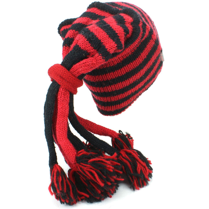 Wool Knit 'Fountain' Tassels Beanie Hat - Red & Black