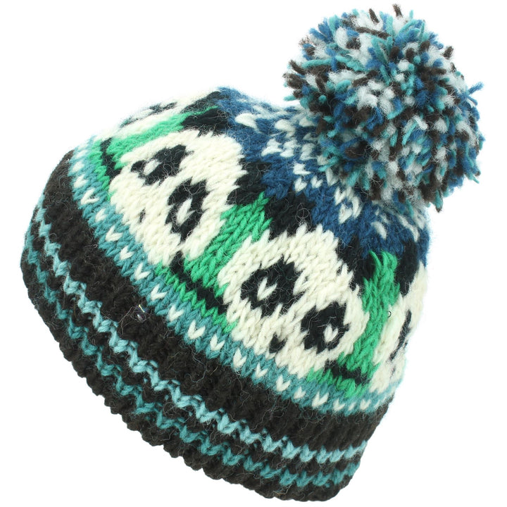 Wool Knit Bobble Beanie Hat - Panda - Green Teal