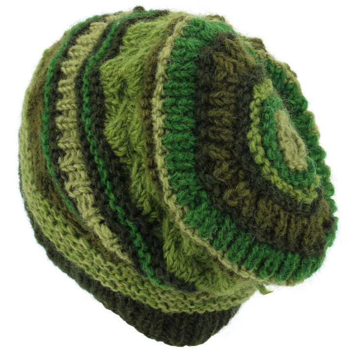 Wool Knit Beanie Hat - Stripe Green