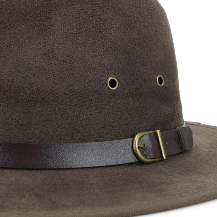 Suede Effect Fedora Hat with Leather Band - Brown