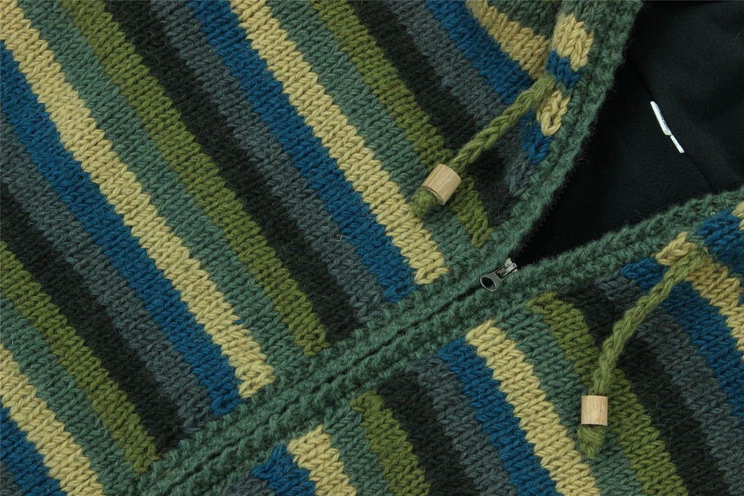 Hand Knitted Wool Hooded Jacket Cardigan - Stripe Green Blue