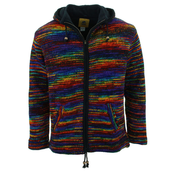 Hand Knitted Wool Hooded Jacket Cardigan - SD Black Rainbow