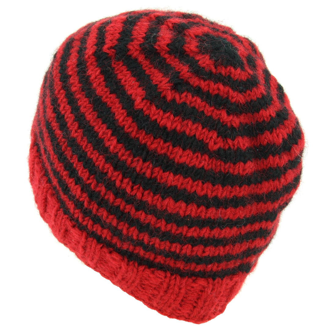 Hand Knitted Wool Beanie Hat - Stripe Red Black