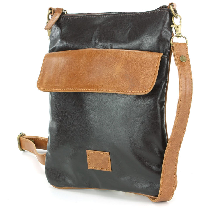 Real Leather Cross Body Messenger Shoulder Bag - Black