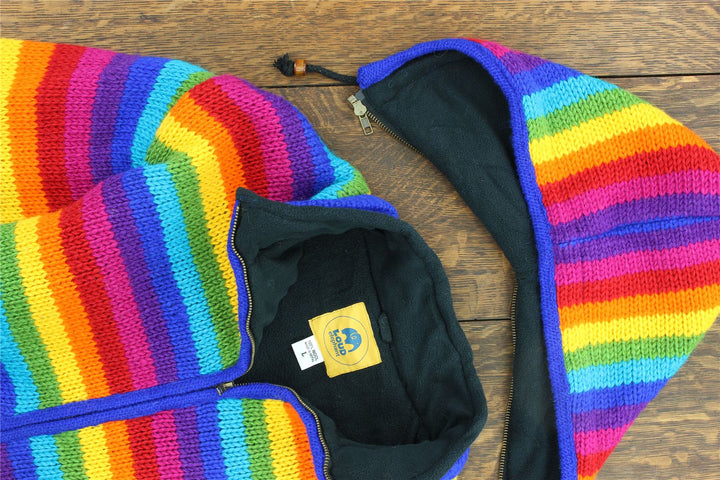 Hand Knitted Wool Hooded Jacket Cardigan - Stripe Bright Rainbow