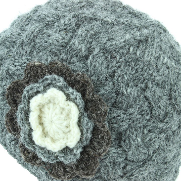 Ladies Wool Cable Knit Beanie Hat with Contrast Flower - Grey