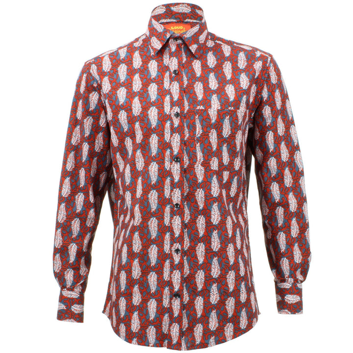 Regular Fit Long Sleeve Shirt - Red & Grey with White Feathers