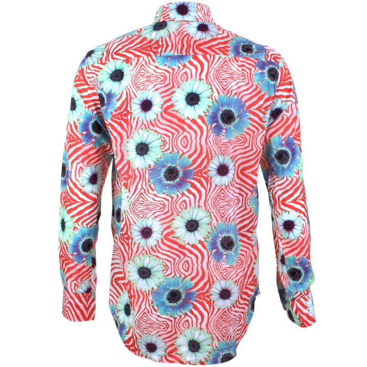 Regular Fit Long Sleeve Shirt - Turquoise Floral on Geometric Red & White