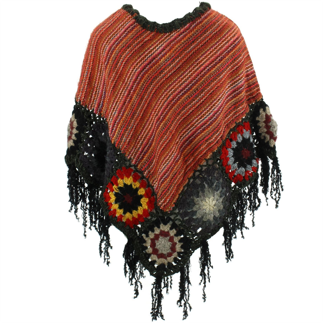 Granny Squares Crochet Poncho Short - Orange/Dark