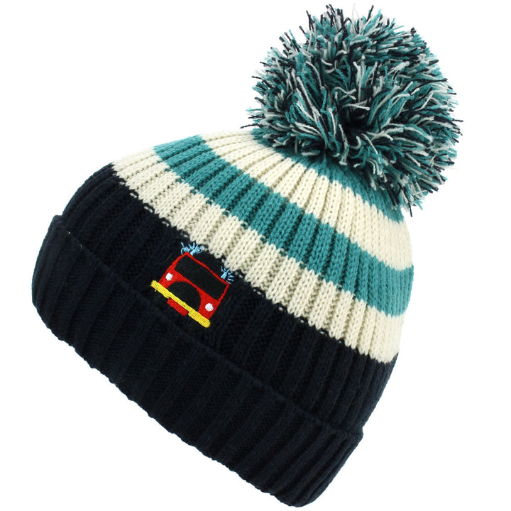 Kids Stripe Bobble Beanie Hat - Navy