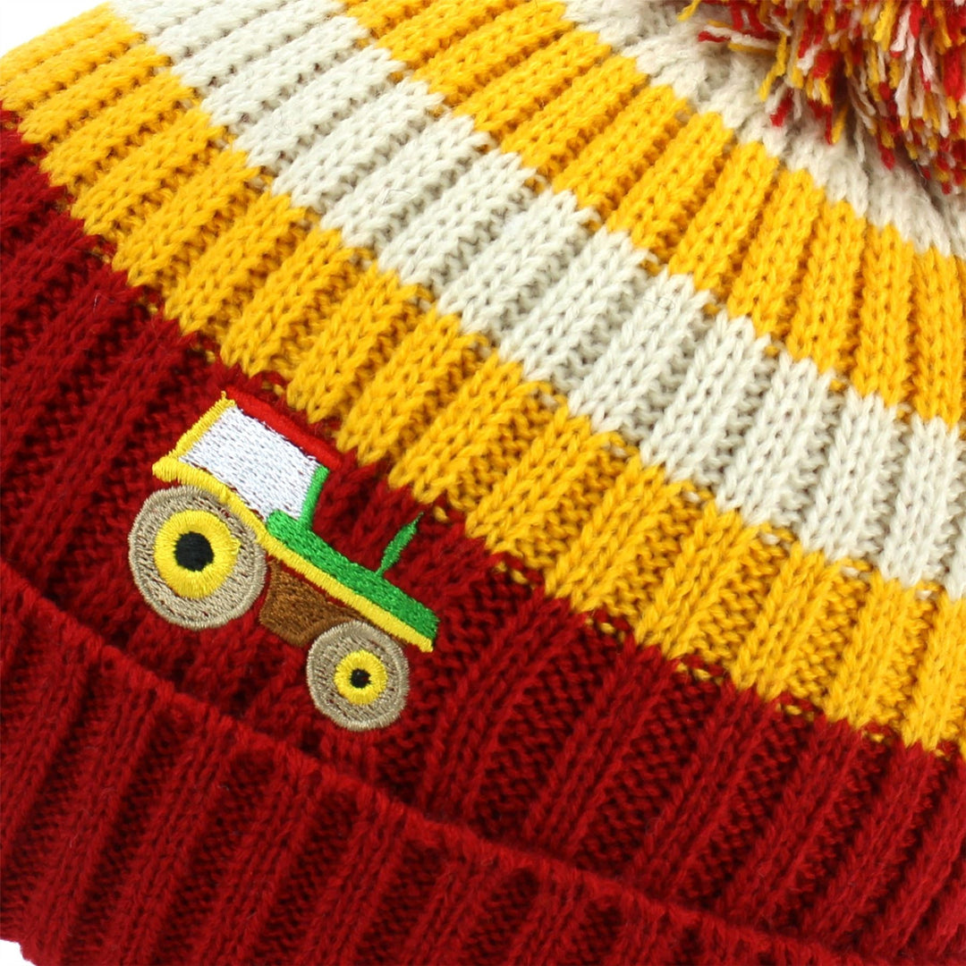 Kids Stripe Bobble Beanie Hat - Red