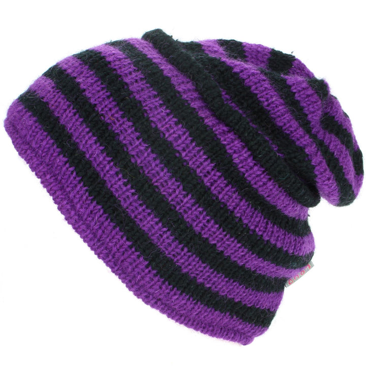 Wool Knit Ridge Beanie Hat with Fleece Lining - Purple & Black