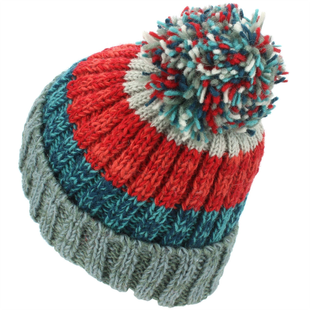 Wool Knit Bobble Beanie Hat - Red Blue