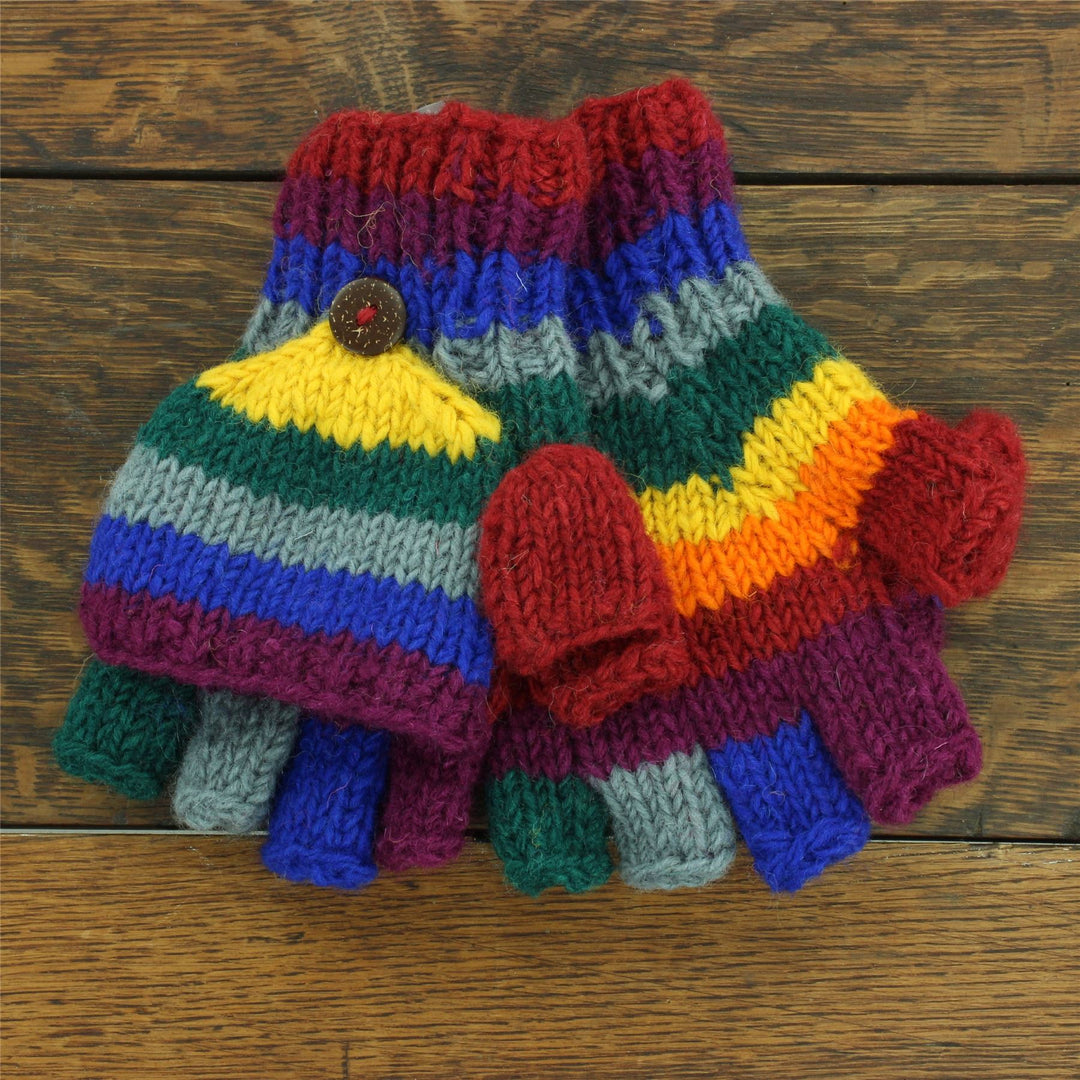 Hand Knitted Wool Shooter Gloves - Rainbow Stripe