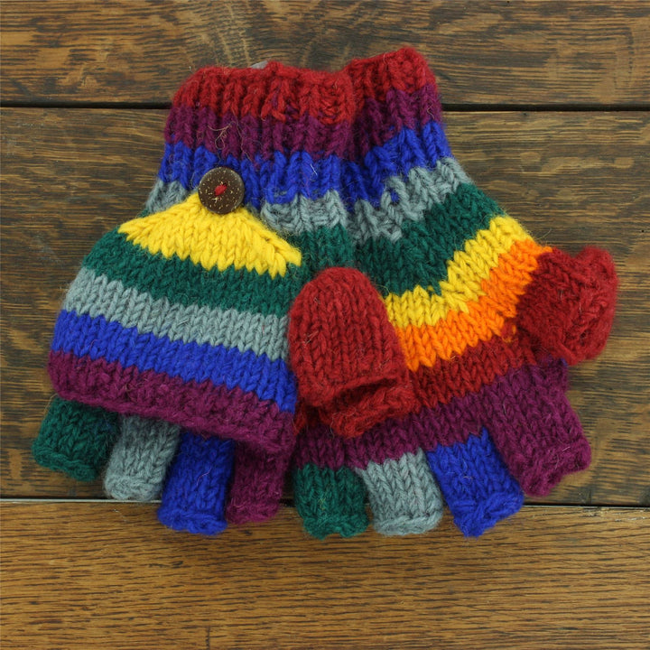 Hand Knitted Wool Shooter Gloves - Rainbow Stripe