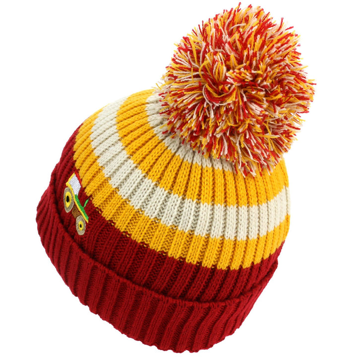 Kids Stripe Bobble Beanie Hat - Red