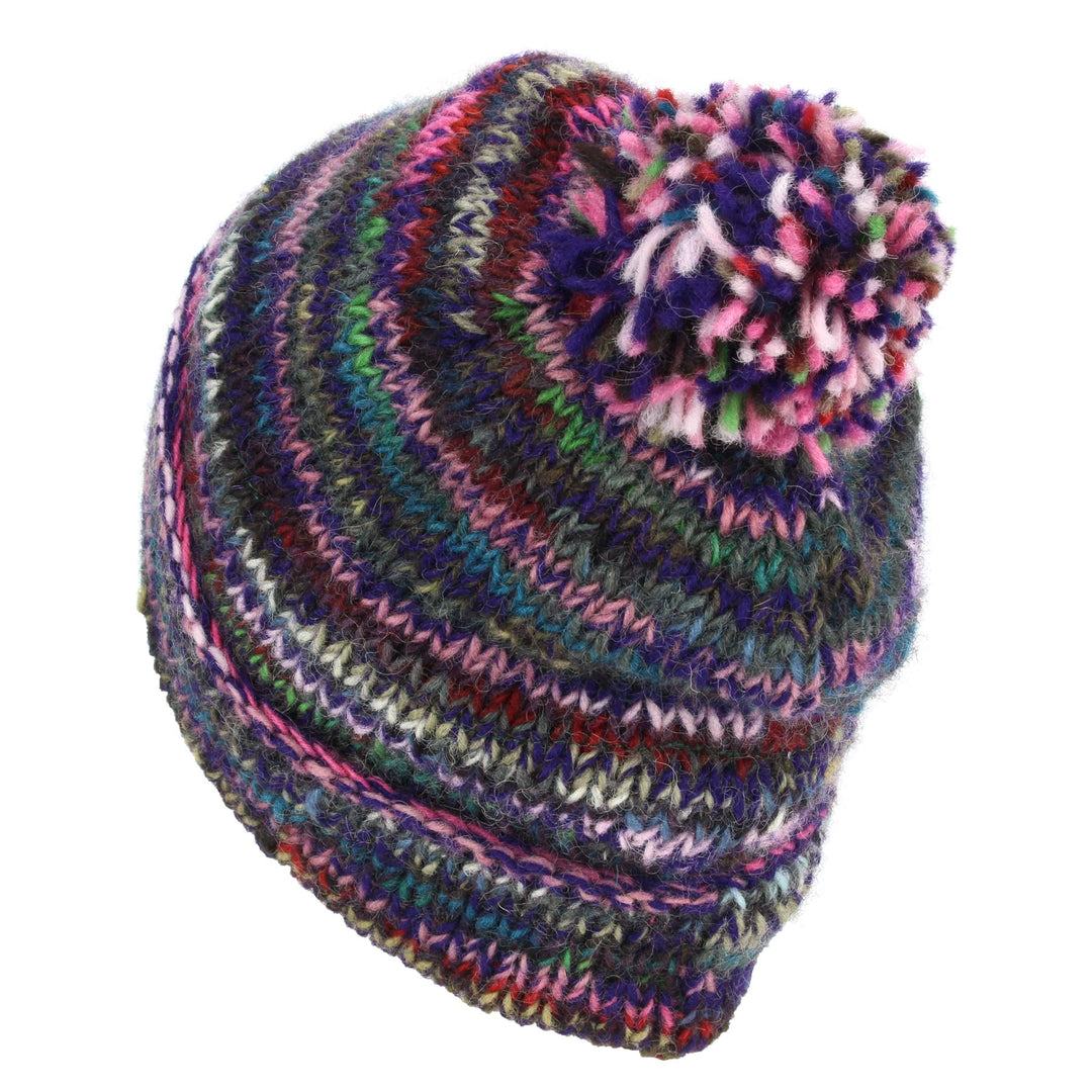 Chunky Wool Knit Beanie Bobble Hat - SD Purple Mix