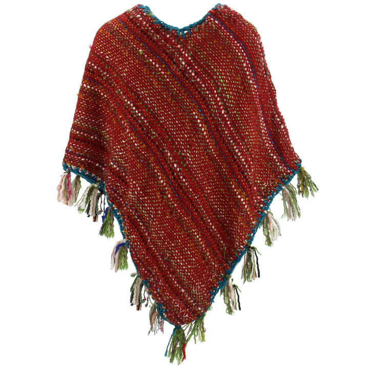 Stripe Crochet Poncho Long - Red