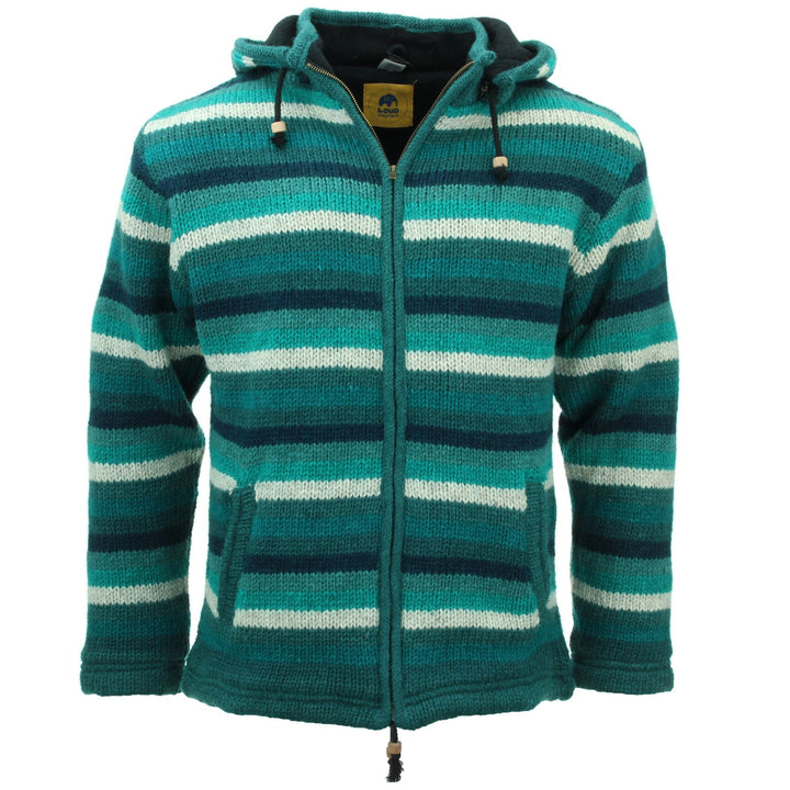 Hand Knitted Wool Hooded Jacket Cardigan - Stripe Teal