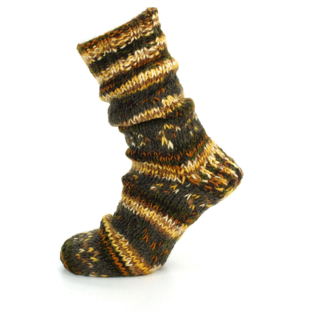 Hand Knitted Wool Slipper Socks Lined - Diamond Orange Brown