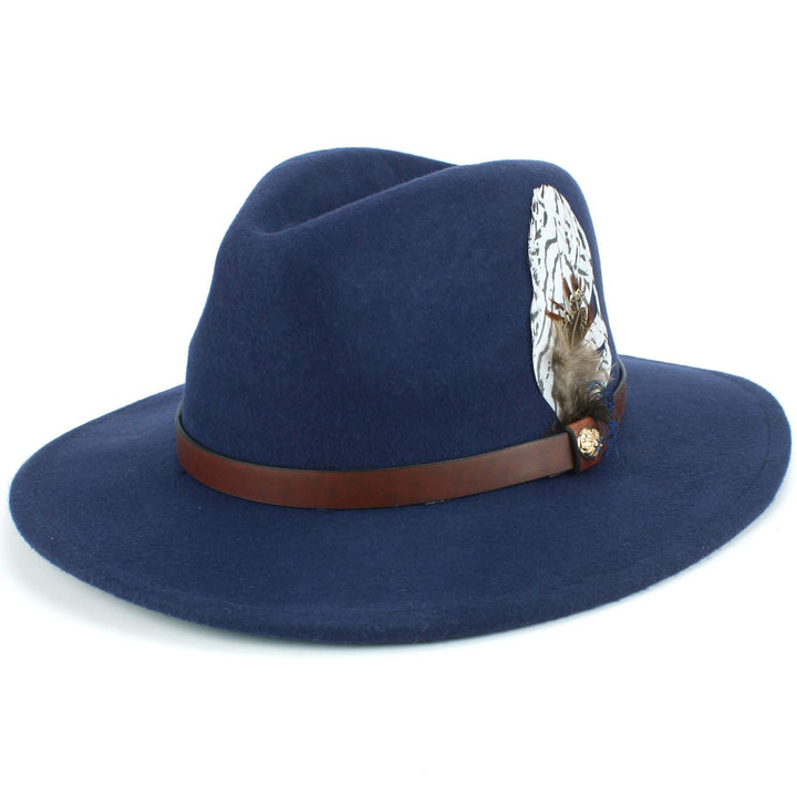 Wool Felt Fedora with Feather - Navy