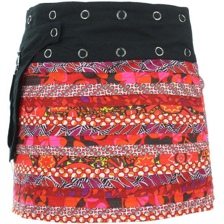 Reversible Popper Wrap Mini Skirt - Red Patch Strips / 70s Telephone