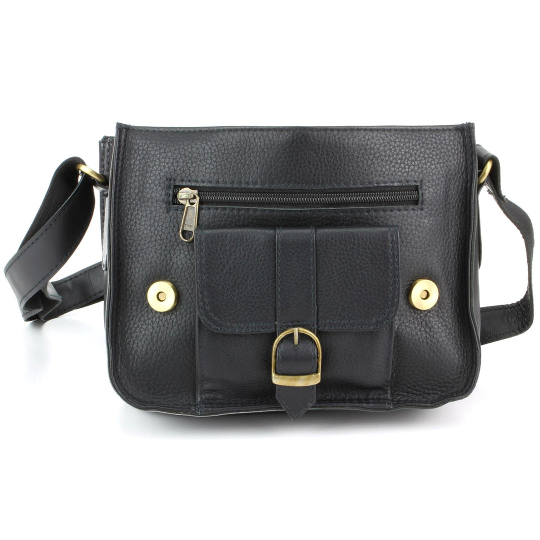 Real Leather Satchel with Front Pocket - Black