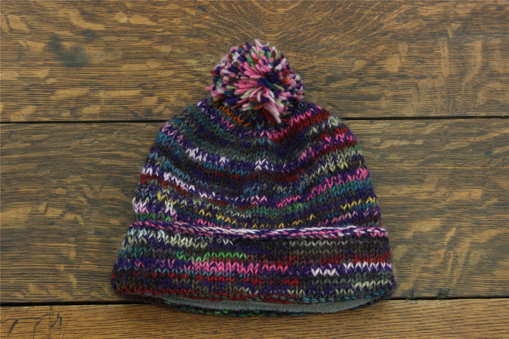 Chunky Wool Knit Beanie Bobble Hat - SD Purple Mix