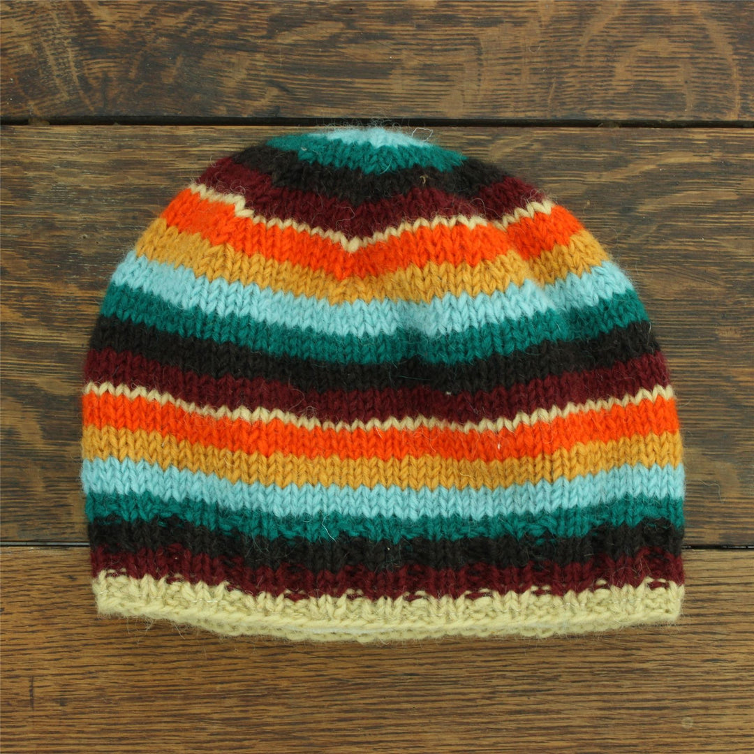 Hand Knitted Wool Beanie Hat - Stripe Retro D