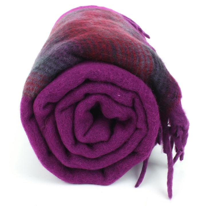 Tibetan Wool Blend Shawl Blanket - Purple with Maroon Reverse