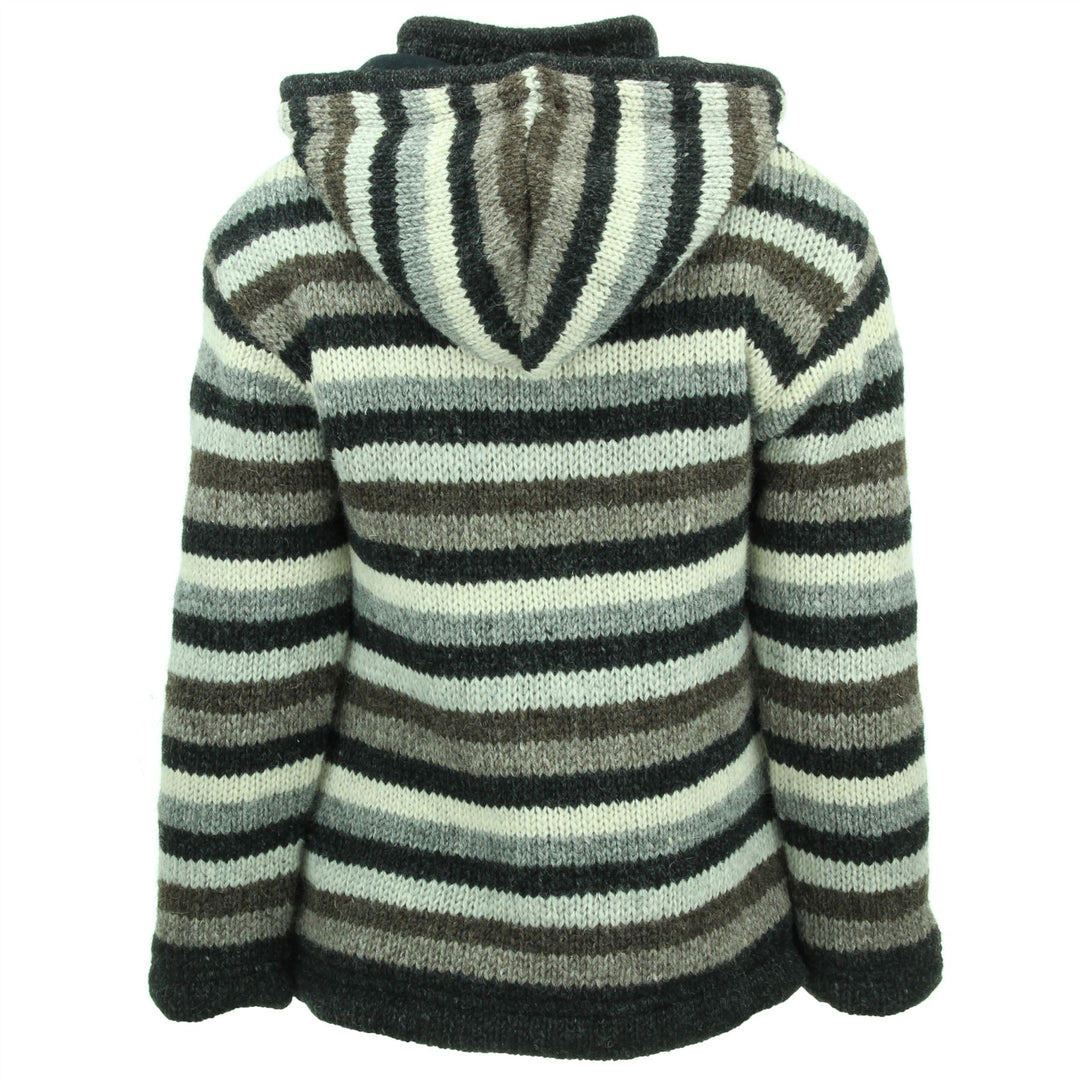 Hand Knitted Wool Hooded Jacket Cardigan Ladies Cut - Stripe Natural