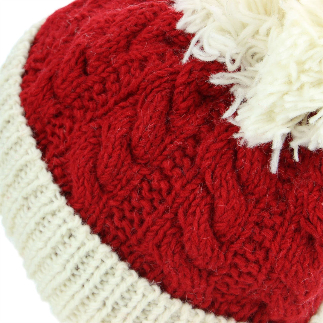 Wool Cable Knit Beanie Bobble Hat - Red & Cream