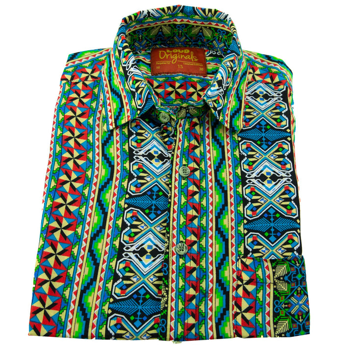 Regular Fit Long Sleeve Shirt - Geometric Aztec - Green