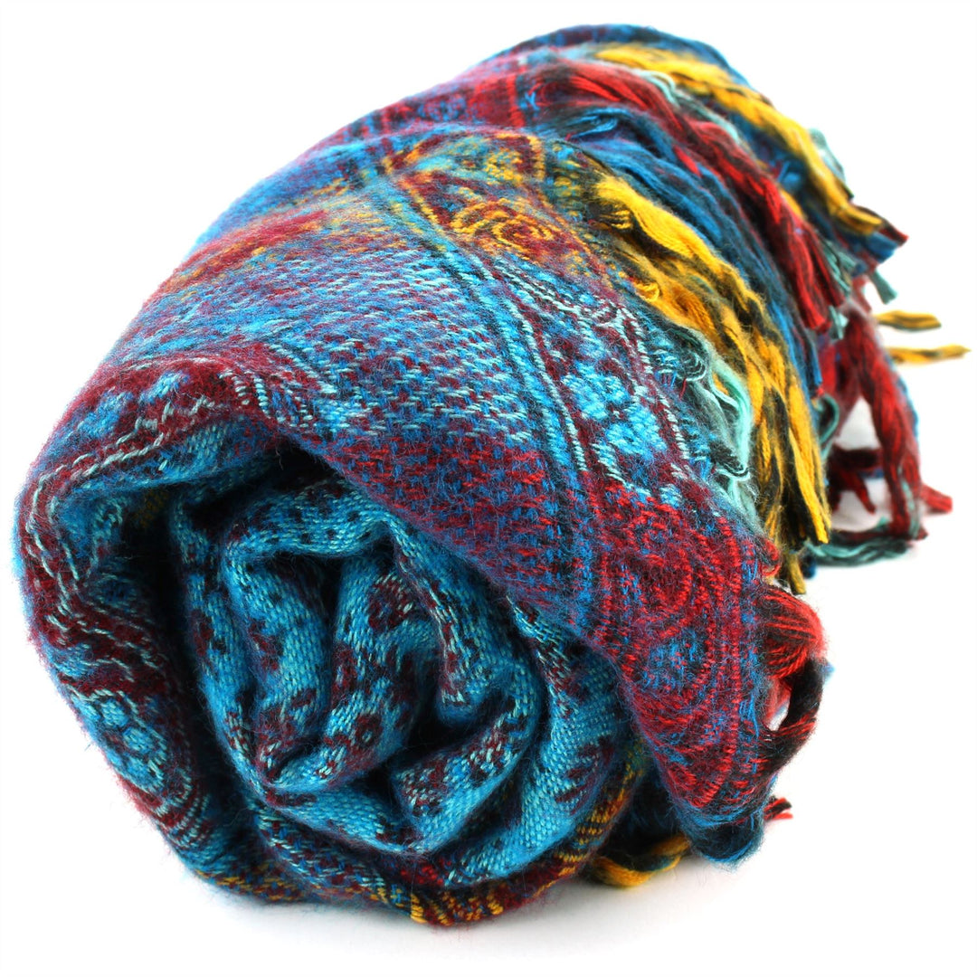 Vegan Wool Shawl Blanket - Paisley Stripe - Turquoise & Red