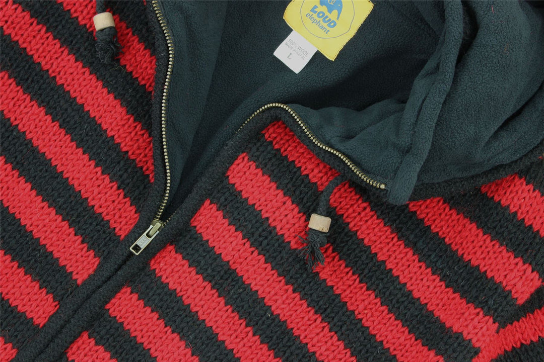 Hand Knitted Wool Hooded Jacket Cardigan - Stripe Red Black