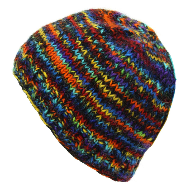 Hand Knitted Wool Beanie Hat - SD Black Rainbow