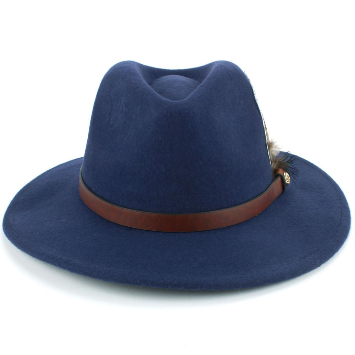 Wool Felt Fedora with Feather - Navy