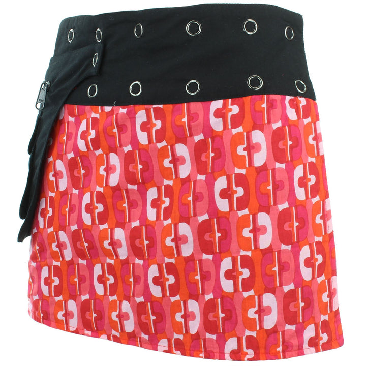 Reversible Popper Wrap Mini Skirt - Red Patch Strips / 70s Telephone