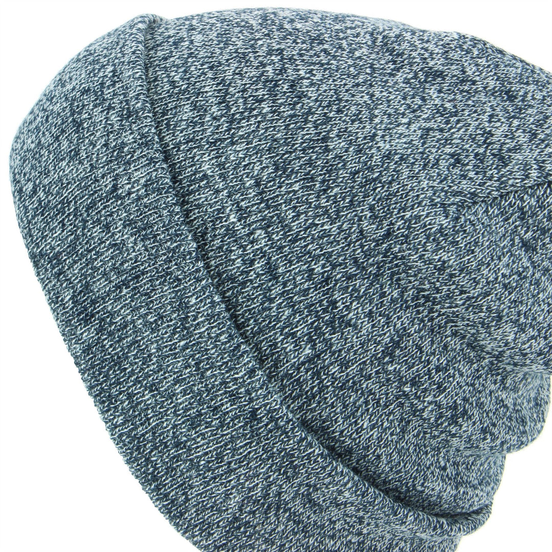 Fine Knit Marl Beanie Hat with Turn-up - Blue