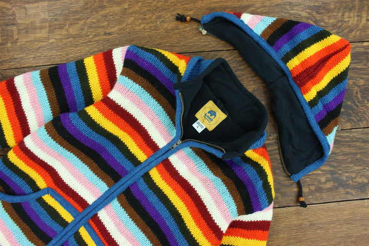 Hand Knitted Wool Hooded Jacket Cardigan - Stripe Progress Rainbow