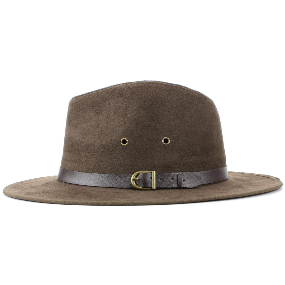 Suede Effect Fedora Hat with Leather Band - Brown