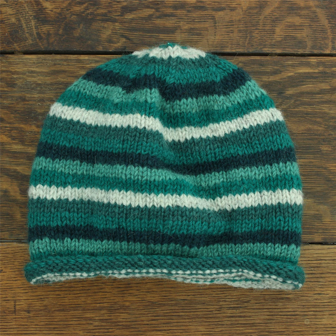 Hand Knitted Wool Beanie Hat - Stripe Teal