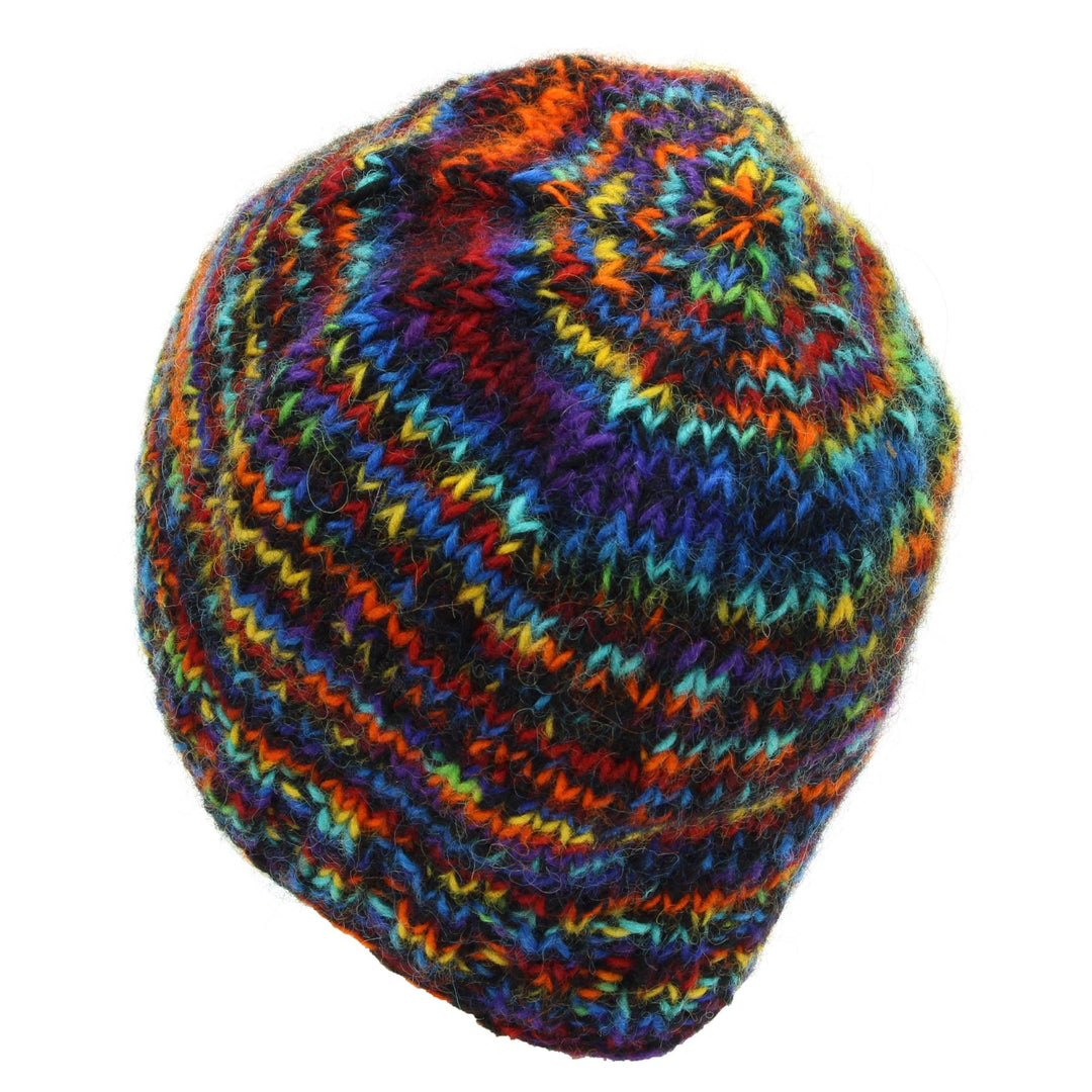 Hand Knitted Wool Beanie Hat - SD Black Rainbow