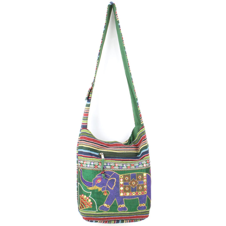 Embroidered Elephant Canvas Sling Shoulder Bag - Green