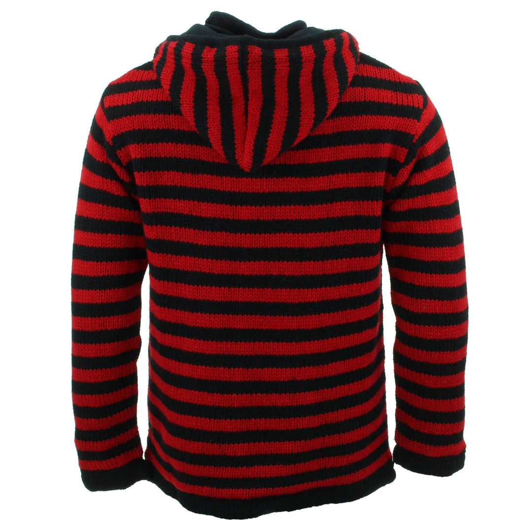 Hand Knitted Wool Hooded Jacket Cardigan - Stripe Red Black