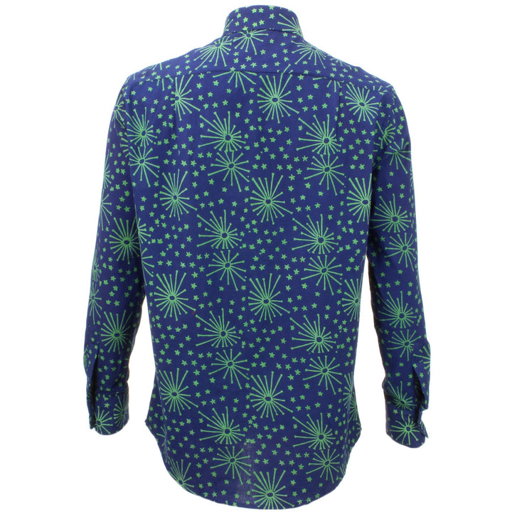 Regular Fit Long Sleeve Shirt - Blue with Green Stars & Fireworks