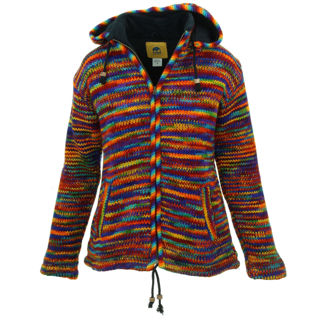 Hand Knitted Wool Hooded Jacket Cardigan Ladies Cut - SD Rainbow with Rainbow Trim