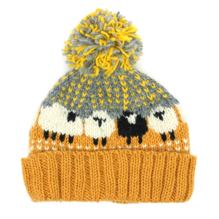 Wool Knit Bobble Beanie Hat - Sheep - Orange